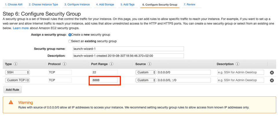 Screenshot configure security group